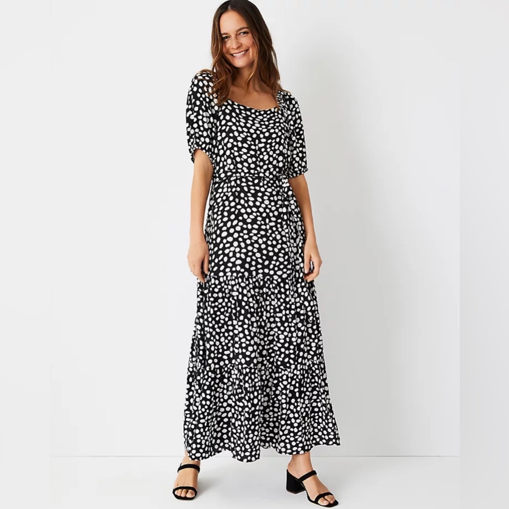 NWT Ann Taylor Tall Animal Print Puff Sleeve Belted Maxi Dress Size Medium